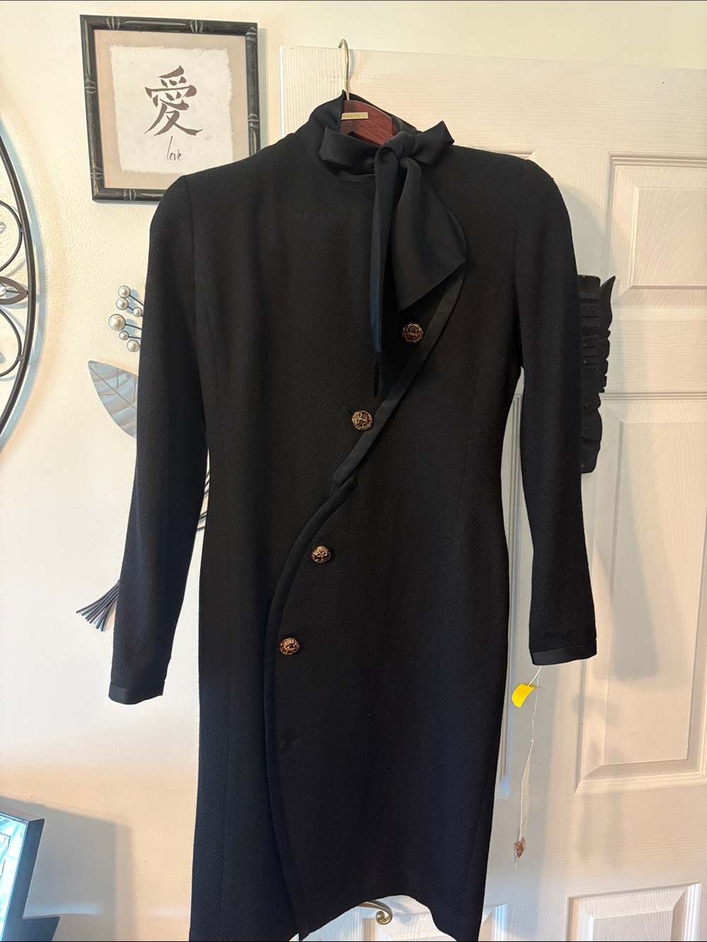 Black Long-Sleeve Tie-Bow Shift Dress with Decorative Buttons